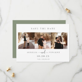 Minimalistische saliegroene trouwfoto save the dat date