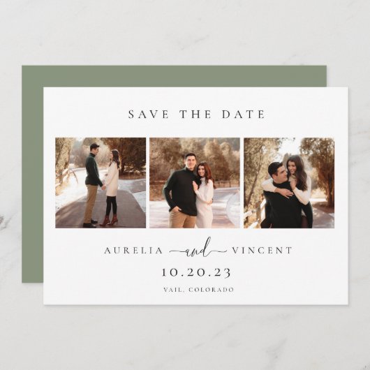 Minimalistische saliegroene trouwfoto save the dat save the date (Voorkant / Achterkant)