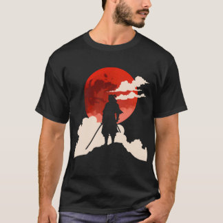 Minimalistische Samurai Silhouet Onder Rode Maan T-shirt