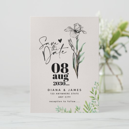 Minimalistische Save The Date Wilde Bloem Bruiloft (Staand voorkant)