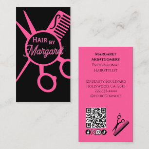 Minimalistische scharen roze zwart QR-code kapsalo Visitekaartje