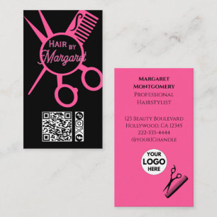 Minimalistische scharen roze zwart QR-code kapsalo Visitekaartje