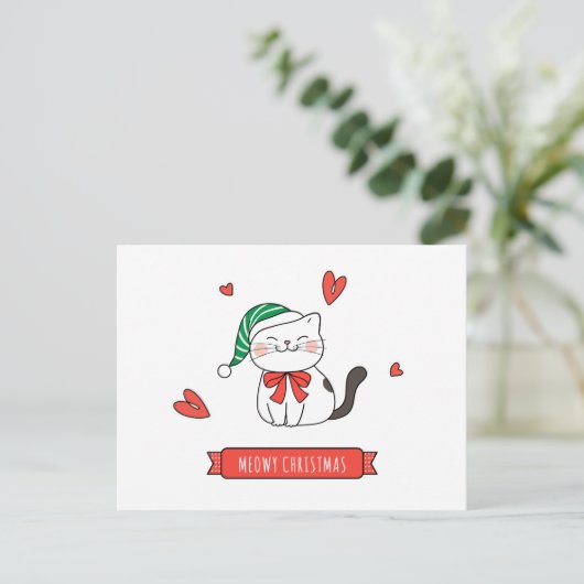 Minimalistische Schattigee Santa Kitty Cat Meowy K Feestdagenkaart (Staand voorkant)