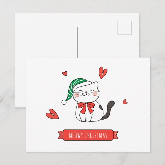 Minimalistische Schattigee Santa Kitty Cat Meowy K Feestdagenkaart (Voorkant / Achterkant)