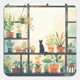 Minimalistische Schattigee zwarte kat en Planten b Vierkante Sticker