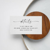 Minimalistische schone script bruiloft details + Q Informatiekaartje