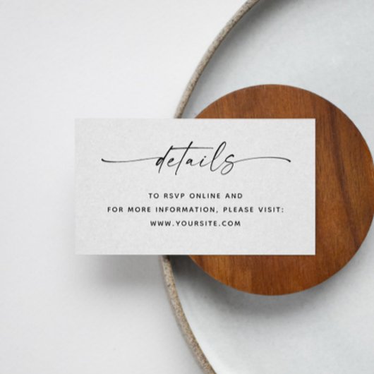 Minimalistische schone script bruiloft details + Q Informatiekaartje