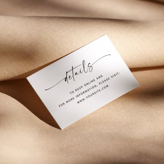 Minimalistische schone script bruiloft details + Q Informatiekaartje