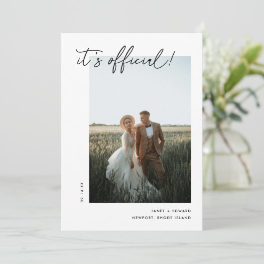 Minimalistische Script 2-Photo Elopement Receptie Kaart (Staand voorkant)