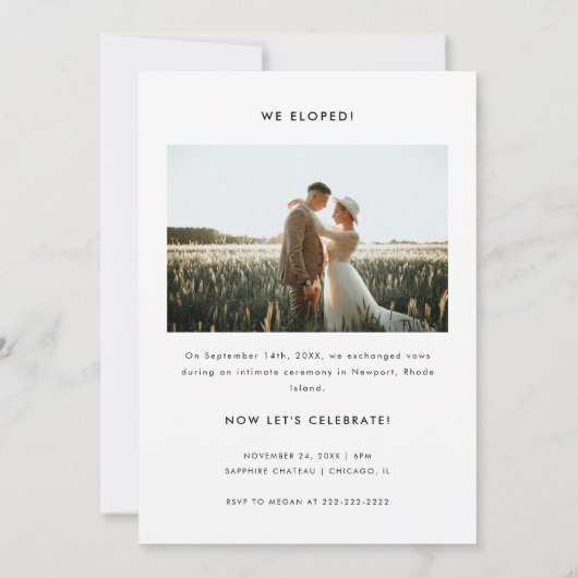 Minimalistische Script 2-Photo Elopement Receptie Kaart (Achterkant)