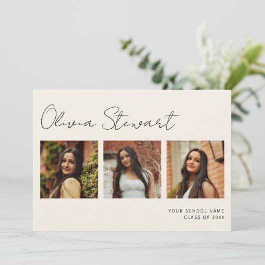 Minimalistische script Afstuderen fotocollage Aankondiging (Staand voorkant)