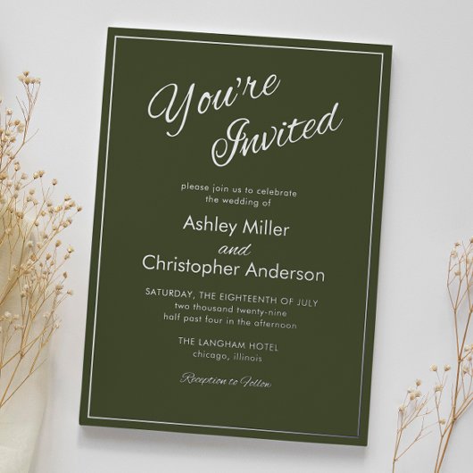 Minimalistische Script Army Groene Trouwjurk Folie Uitnodiging