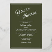 Minimalistische Script Army Groene Trouwjurk Folie Uitnodiging (Voorkant)