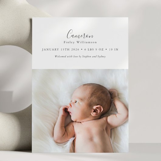 Minimalistische script baby naam foto geboorte sta aankondiging