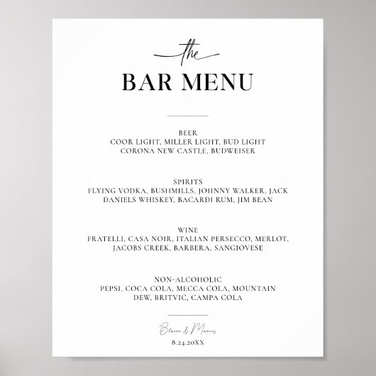 Minimalistische Script Bar Menu Proost Trouwbord Poster (Voorkant)