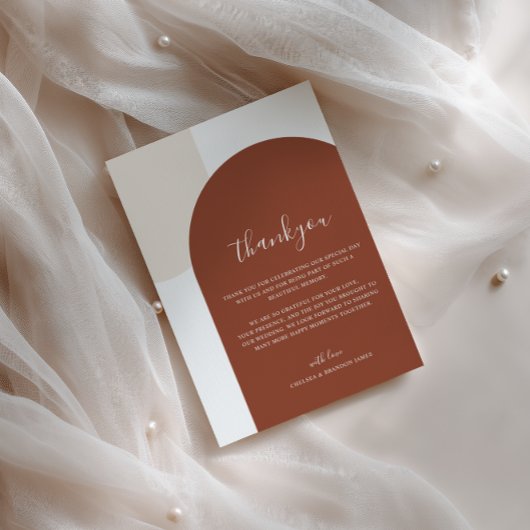 Minimalistische Script Boho Terracotta Boog Trouwd Bedankkaart