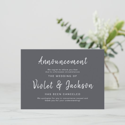 Minimalistische script bruiloft annuleringskaarten kaart (Staand voorkant)