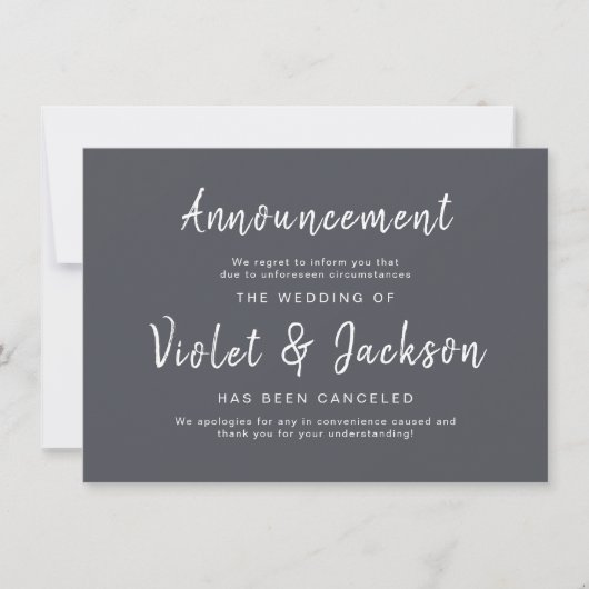 Minimalistische script bruiloft annuleringskaarten kaart (Voorkant)