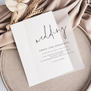 Minimalistische script bruiloft overlay vellum uitnodigingen