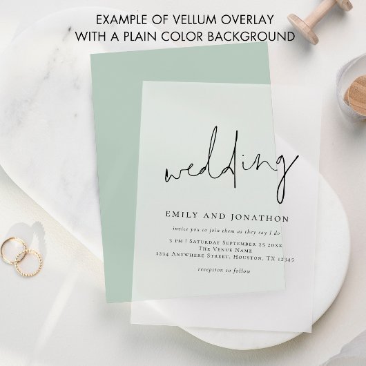 Minimalistische script bruiloft overlay vellum uitnodigingen