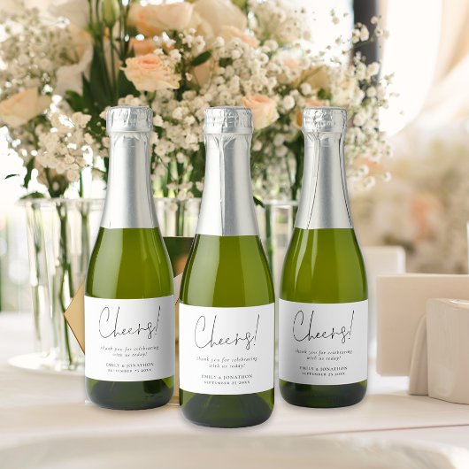 Minimalistische Script Cheers Naam bruiloft gunst Sparkling Wijnetiket
