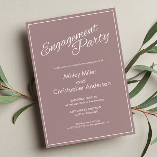 Minimalistische Script Dusty Roos Engagement Party Kaart
