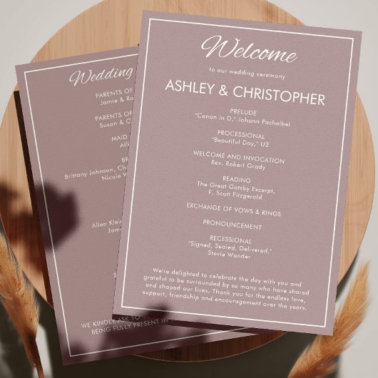 Minimalistische Script Dusty Roos Wedding Programmakaart