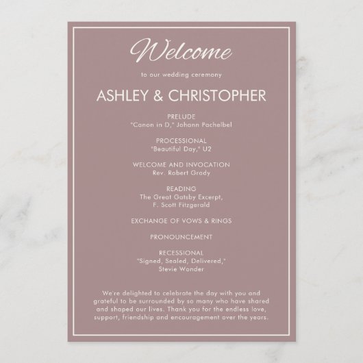Minimalistische Script Dusty Roos Wedding Programmakaart (Voorkant)