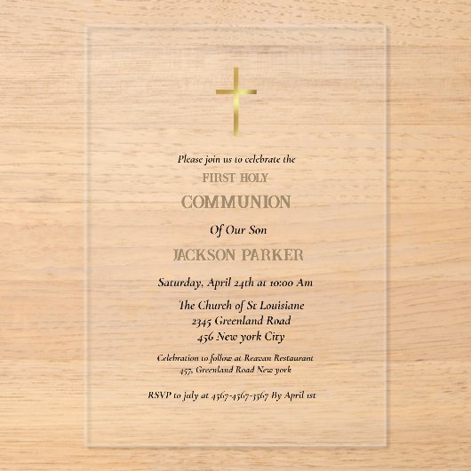 Minimalistische script eerste holy communiqué uitn acryl uitnodigingen (Voorkant)