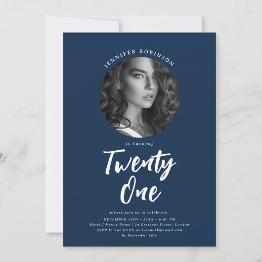 Minimalistische Script Foto 21e verjaardag Navy Bl Kaart (Voorkant)