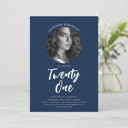 Minimalistische Script Foto 21e verjaardag Navy Bl Kaart (Staand voorkant)