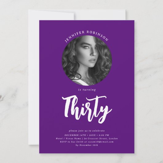 Minimalistische Script Foto 30e Verjaardag Paarse Kaart (Voorkant)
