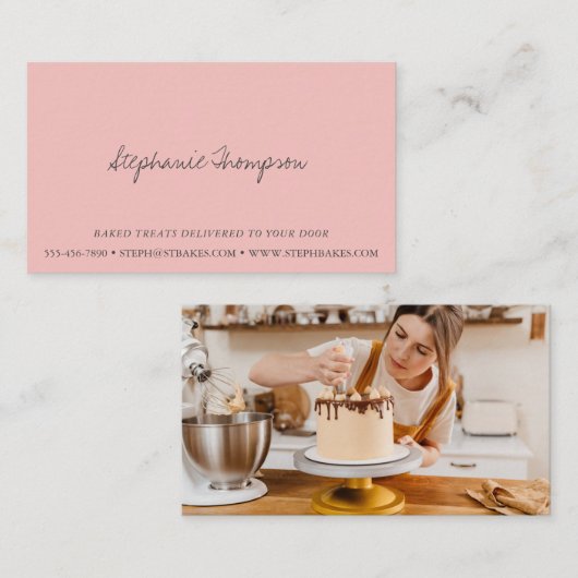 Minimalistische Script Foto Blush Roze Bakkerij Ge Visitekaartje (Voorkant / Achterkant)