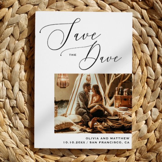 Minimalistische Script Foto Bruiloft Save the Date Aankondigingskaart