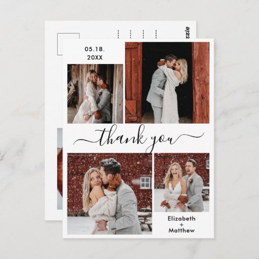 Minimalistische Script Foto Collage Trouw Dankjewe Briefkaart (Voorkant / Achterkant)