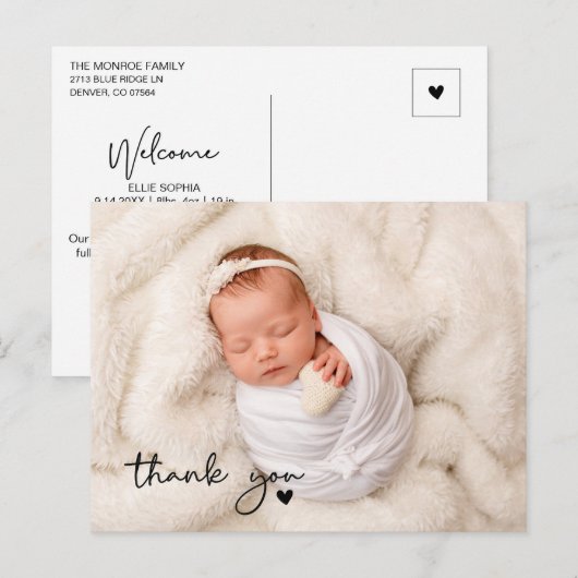 Minimalistische Script Foto Pasgeboren Bedankt Briefkaart (Voorkant / Achterkant)