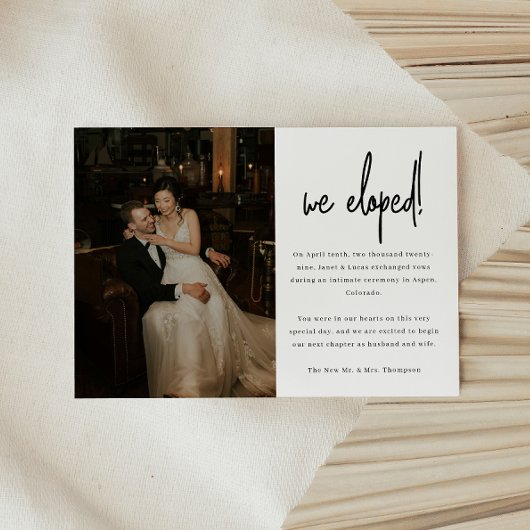 Minimalistische Script Foto Trouwen Elopement Aankondiging