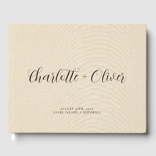 Minimalistische script gepersonaliseerde crème bru gastenboek (Voorkant)