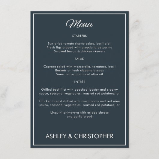 Minimalistische Script Gunmetal Blue bruiloft rece Menu (Voorkant)