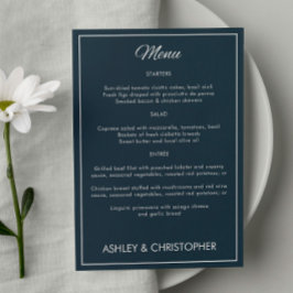 Minimalistische Script Gunmetal Blue bruiloft rece Menu