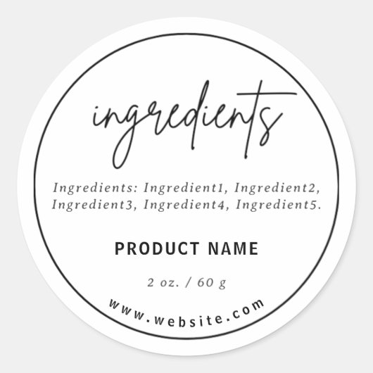 Minimalistische Script Ingrediënten Productlabel Ronde Sticker (Voorkant)