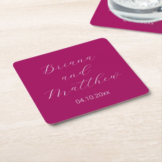 Minimalistische script kalligrafie magenta bruilof kartonnen onderzetters (Schuin)