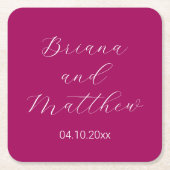 Minimalistische script kalligrafie magenta bruilof kartonnen onderzetters (Voorkant)
