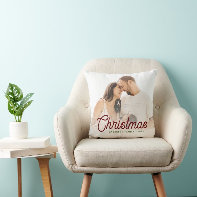 Minimalistische Script Kerstmis Familie Foto Gestr Kussen (Stoel)