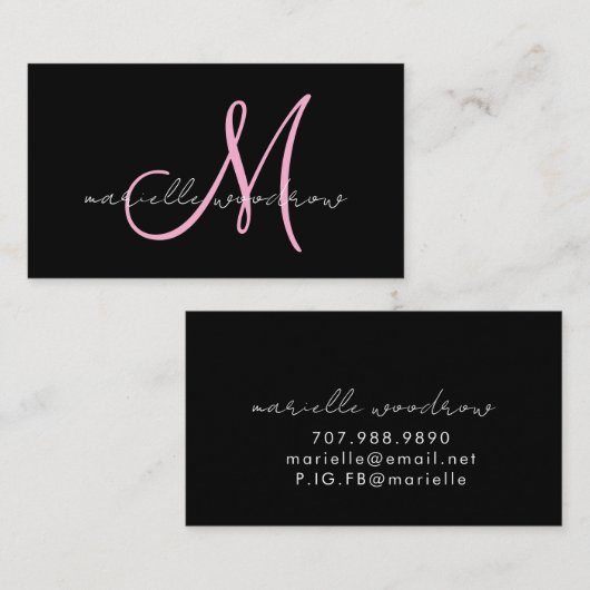 Minimalistische script monogram roze zwart visitek visitekaartje (Voorkant / Achterkant)