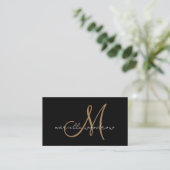Minimalistische script monogram zwarte gouden visi visitekaartje (Staand voorkant)