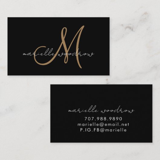 Minimalistische script monogram zwarte gouden visi visitekaartje (Voorkant / Achterkant)