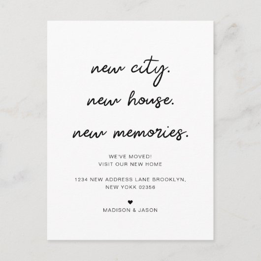 Minimalistische script nieuwe verhuis aankondiging briefkaart (Voorkant)