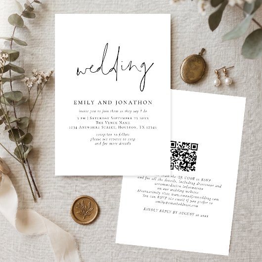 Minimalistische Script QR Code Zwart Wit Trouwdag Kaart
