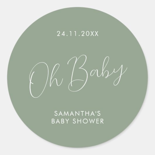 Minimalistische Script Sage Groene Oh Baby Shower Ronde Sticker (Voorkant)